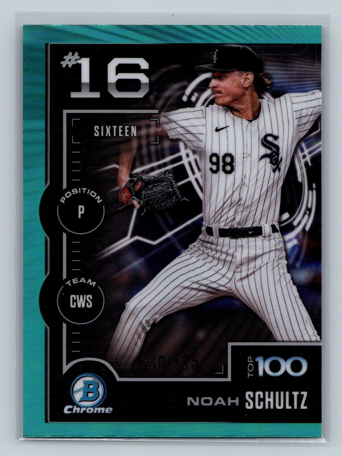 Noah Schultz 2025 Bowman Scouts Top 100 Aqua Refractor /125 #BTP-16 White Sox