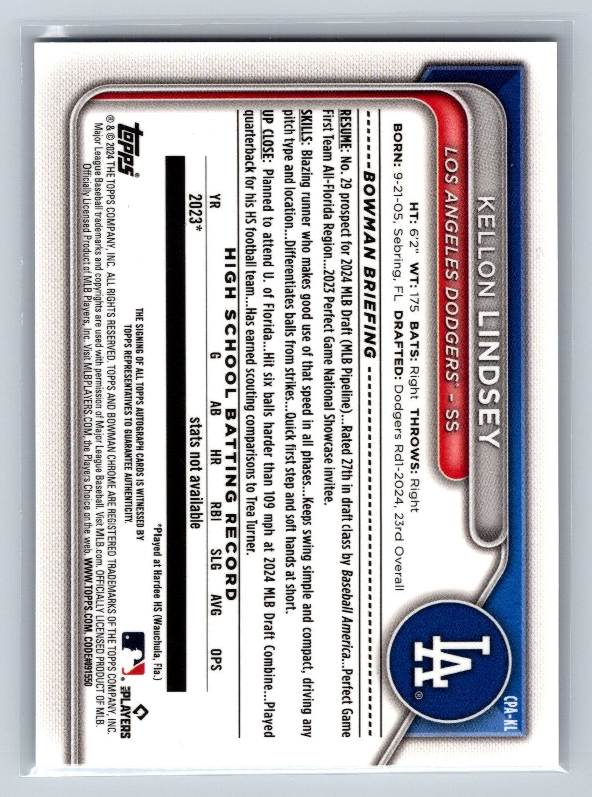 Kellon Lindsey 2024 Bowman Chrome 1st Auto #CPA-KL Dodgers