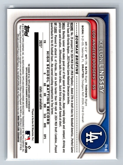 Kellon Lindsey 2024 Bowman Chrome 1st Auto #CPA-KL Dodgers