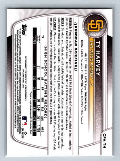 TY Harvey 2025 Bowman Chrome 1st Green Refractor Auto /99 #CPA-TH Padres