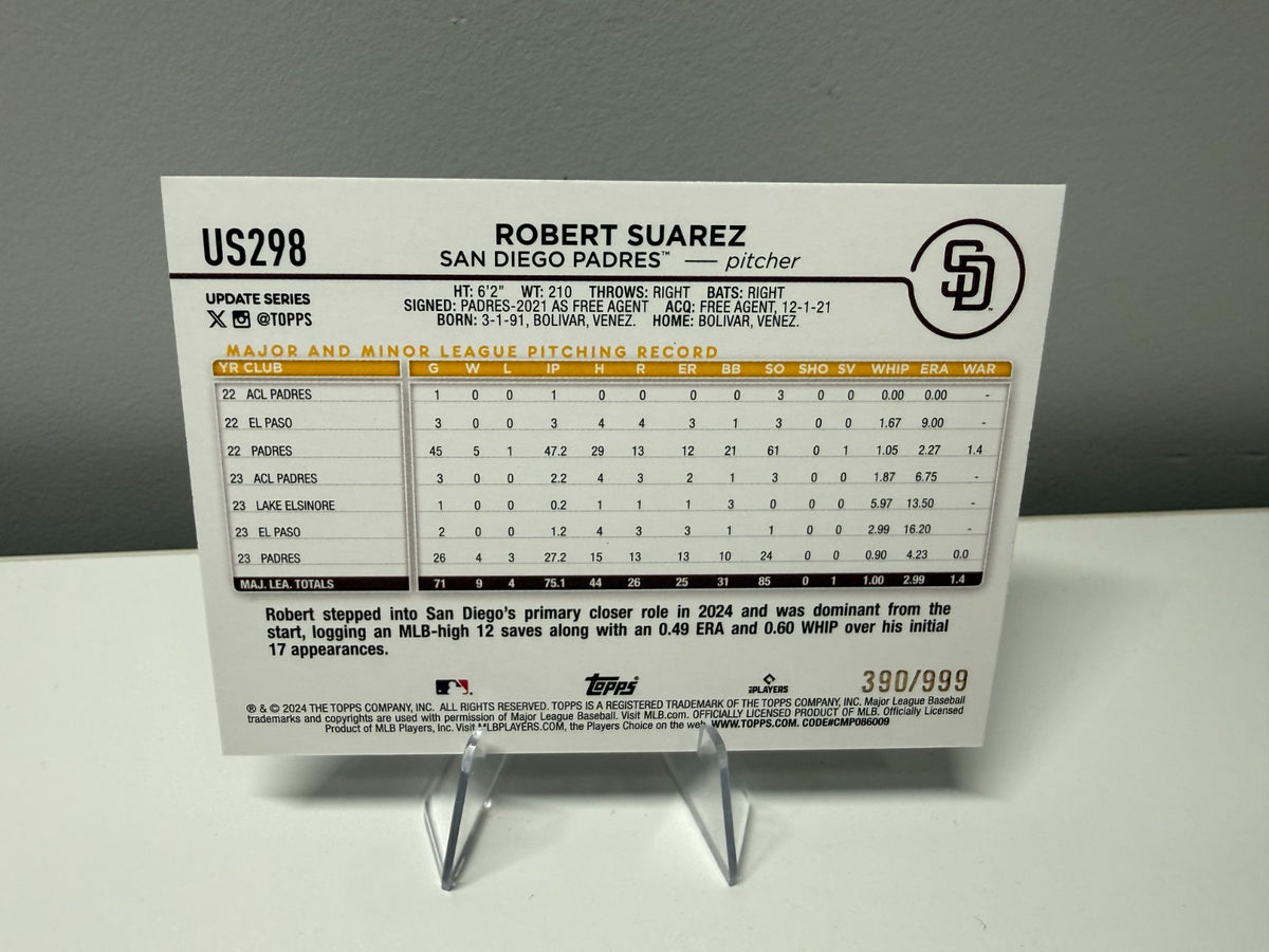Robert Suarez 2024 Topps Update Series Blue Holo Foilboard /999 #US298 Padres