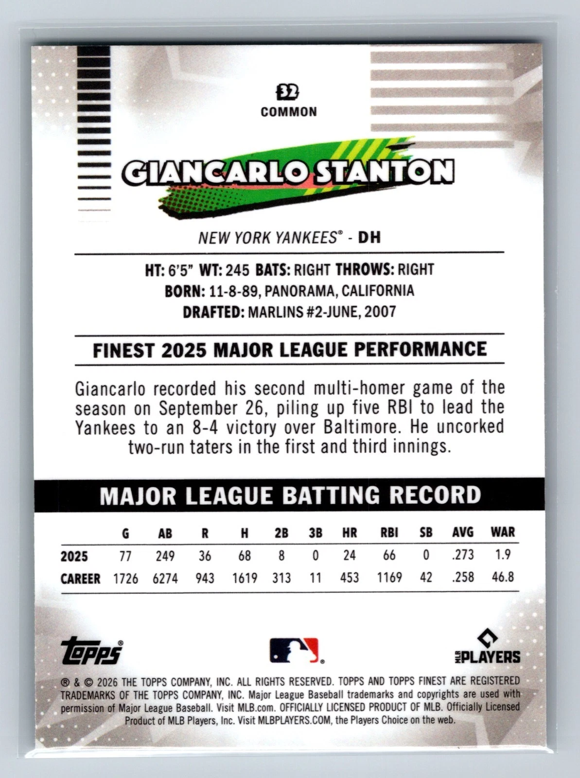 Giancarlo Stanton 2026 Topps Finest Common Green Mini Diamond Refractor /99 #32