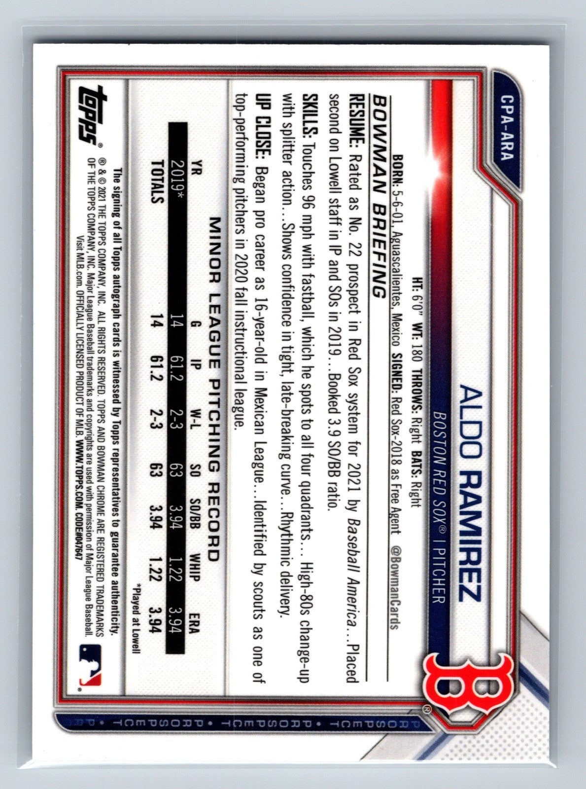 Aldo Ramirez 2021 Bowman Chrome 1st Auto #CPA-ARA Red Sox