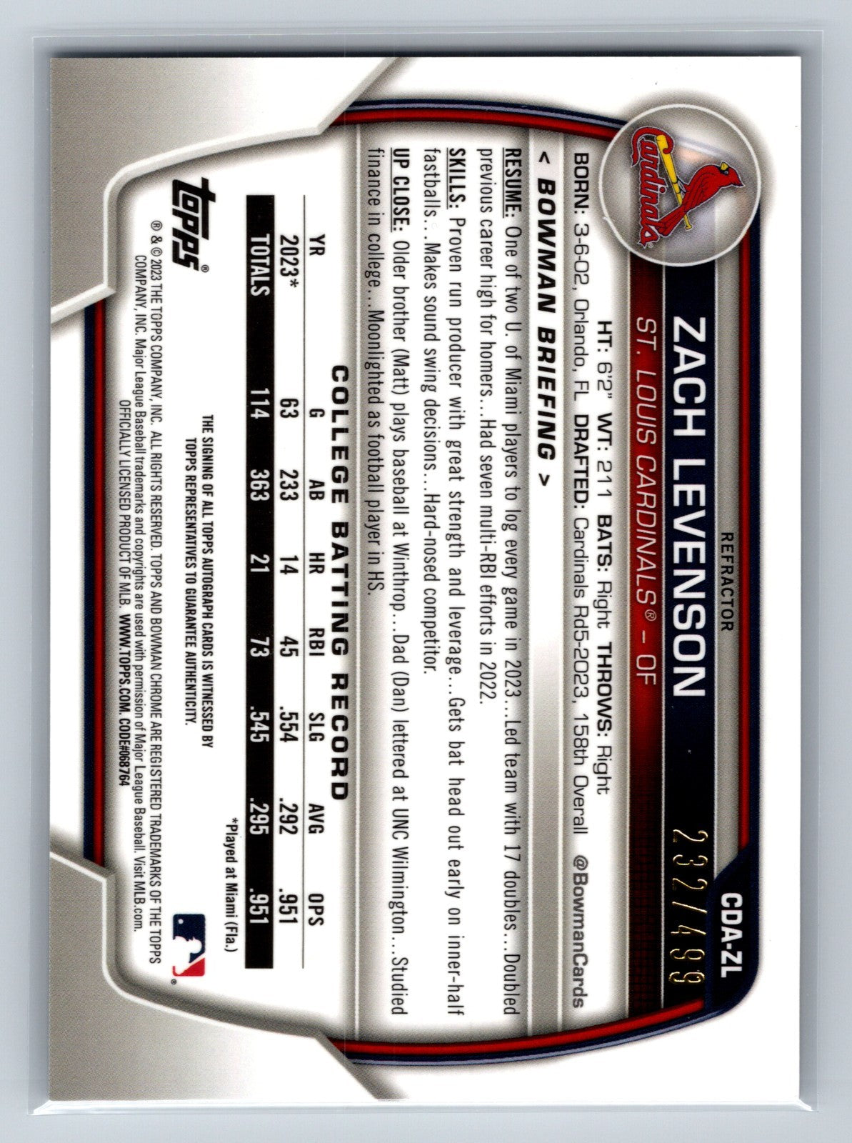 Zach Levenson 2023 Bowman Draft Chrome 1st Refractor Auto /499 #CDA-ZL Cardinals