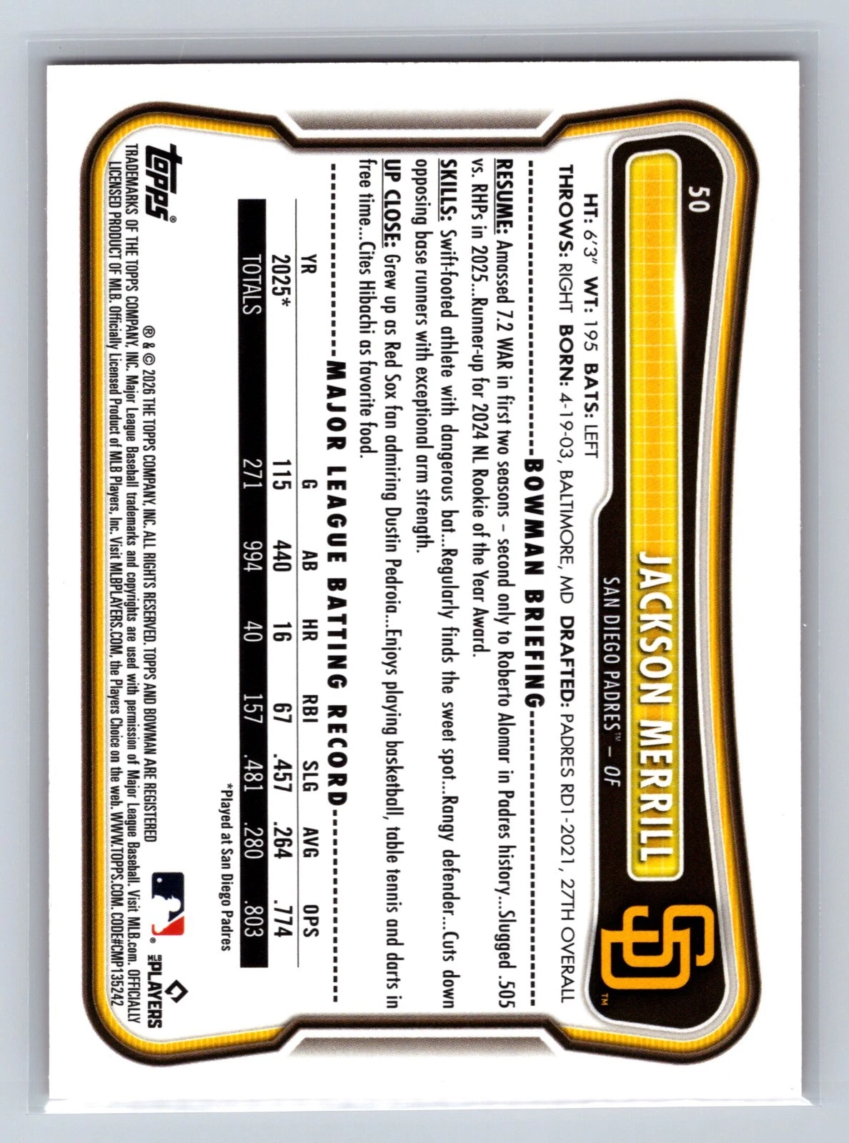 Jackson Merrill 2026 Bowman Prospects Paper Orange /25 #50 Padres