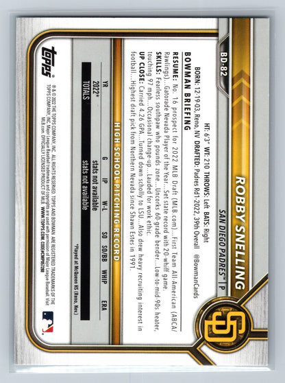 Robby Snelling 2022 Bowman Draft 1st Paper Aqua /199 #BD-82 Padres