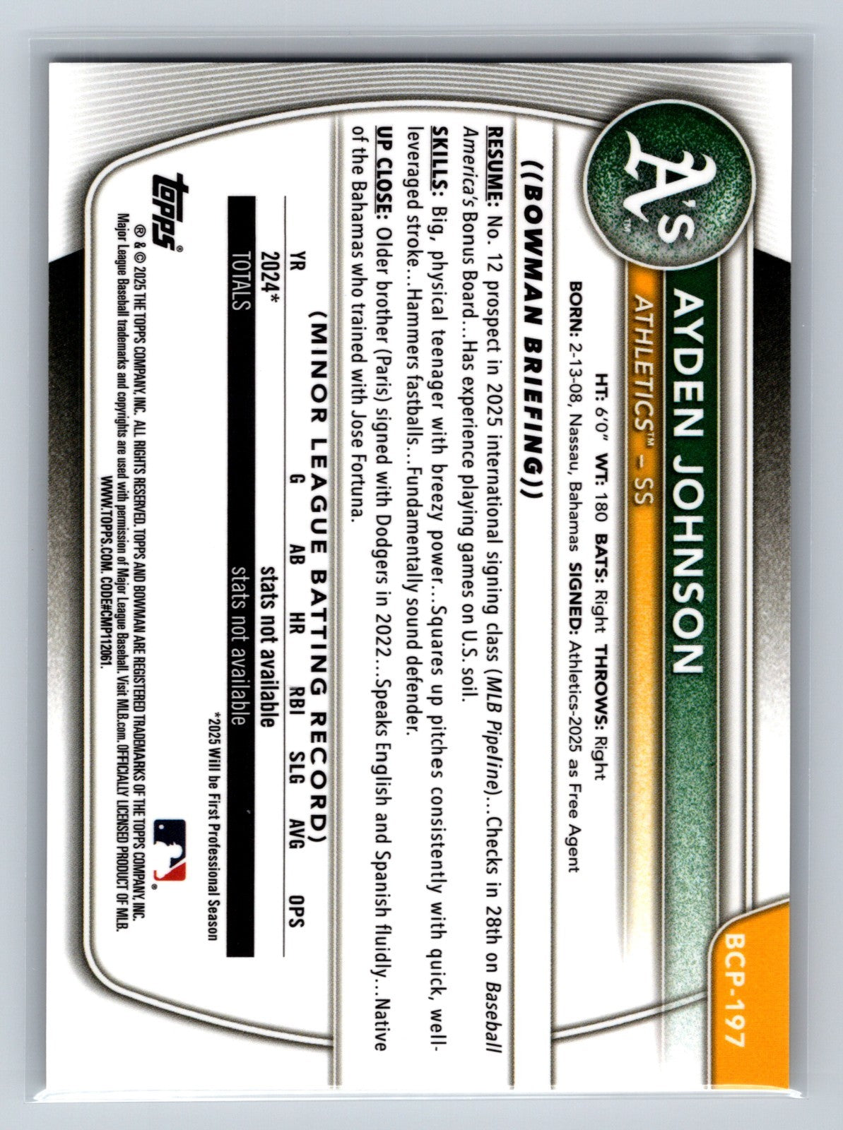 Ayden Johnson 2025 Bowman Chrome 1st Gold Refractor /50 #BCP-197 Athletics
