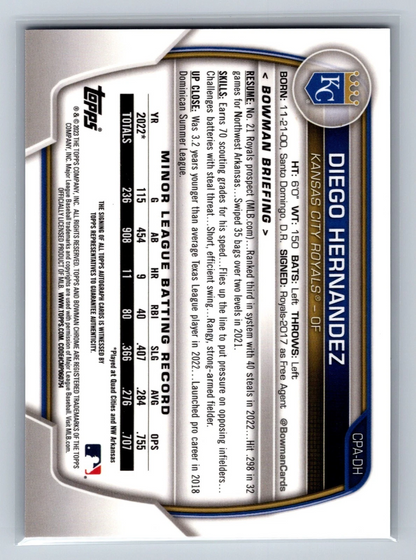 Diego Hernandez 2023 Bowman Chrome 1st Purple Refractor Auto /250 #CPA-DH Royals