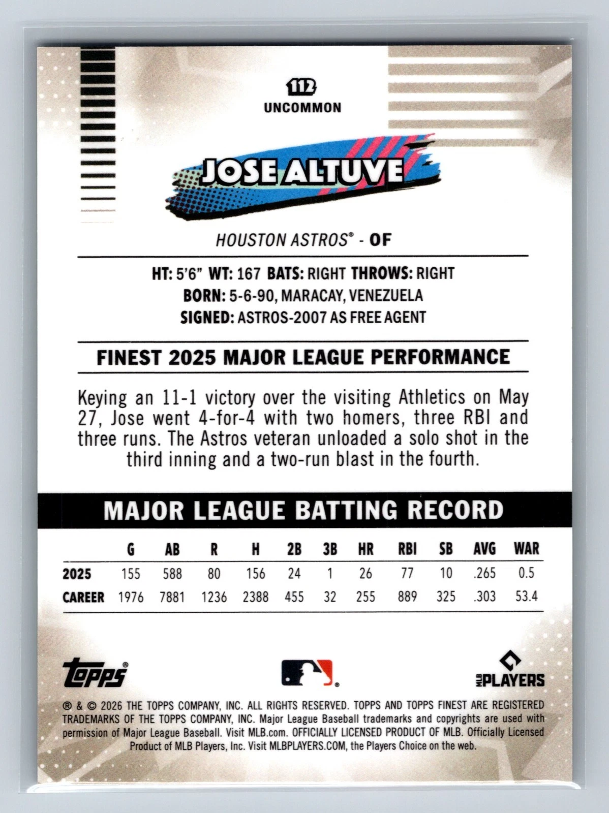 Jose Altuve 2026 Topps Finest Uncommon Green Mini Diamond Refractor /99 #112