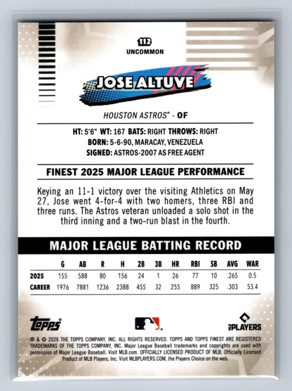 Jose Altuve 2026 Topps Finest Uncommon Green Mini Diamond Refractor /99 #112