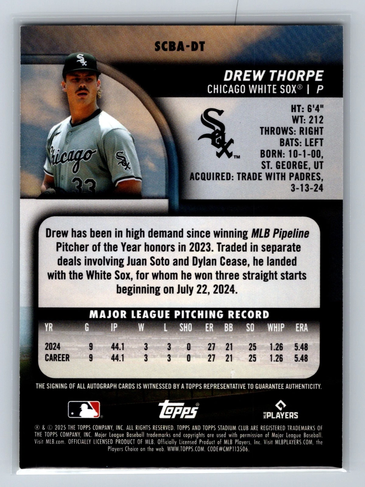 Drew Thorpe 2025 Topps Stadium Club Yellow Auto RC #SCBA-DT White Sox