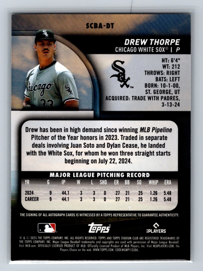 Drew Thorpe 2025 Topps Stadium Club Yellow Auto RC #SCBA-DT White Sox