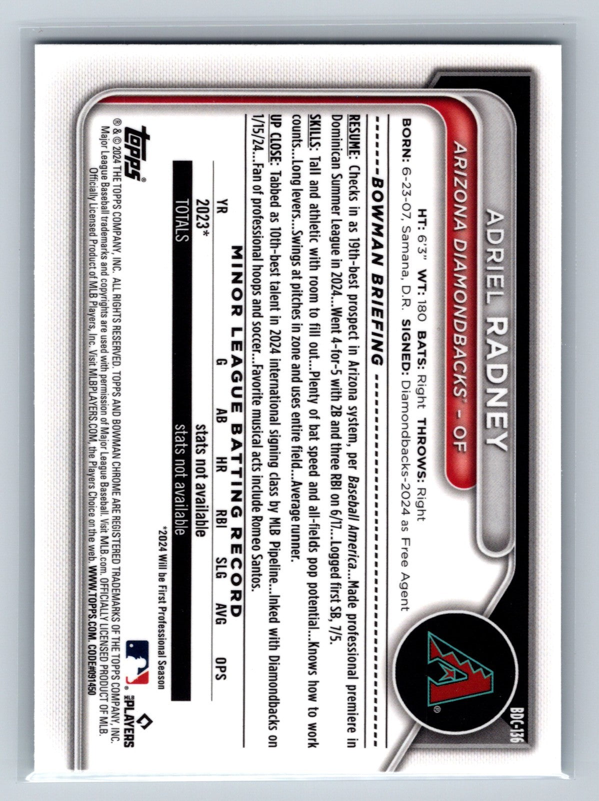 Adriel Radney 2024 Bowman Draft Chrome Sky Blue Refractor #BDC-136 Diamondbacks
