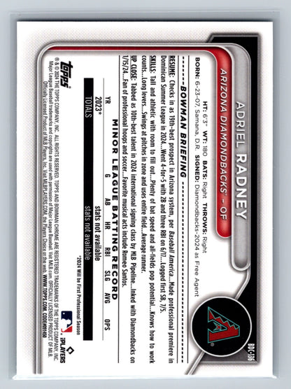Adriel Radney 2024 Bowman Draft Chrome Sky Blue Refractor #BDC-136 Diamondbacks