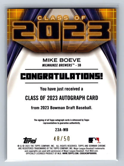Mike Boeve 2023 Bowman Chrome Class of 2023 Gold Refractor Auto /50 #23A-MB