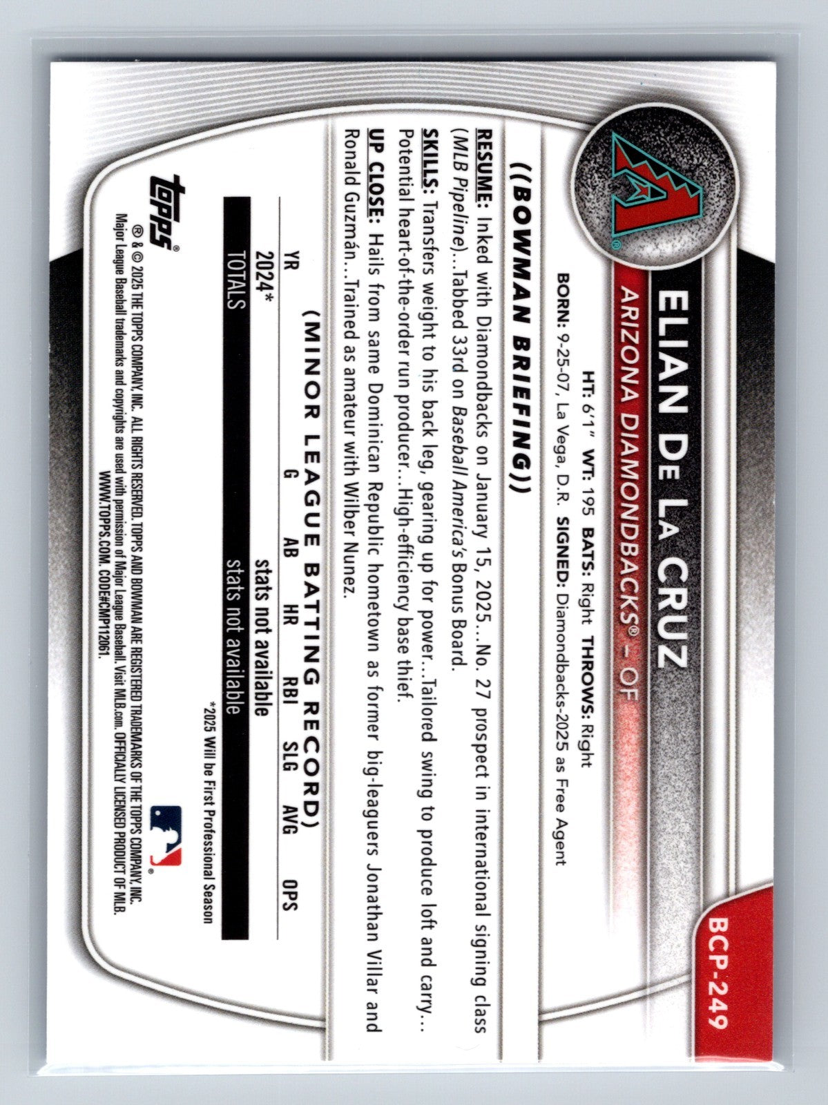Elian De La Cruz 2025 Bowman Chrome 1st Blue Refractor /150 #BCP-249