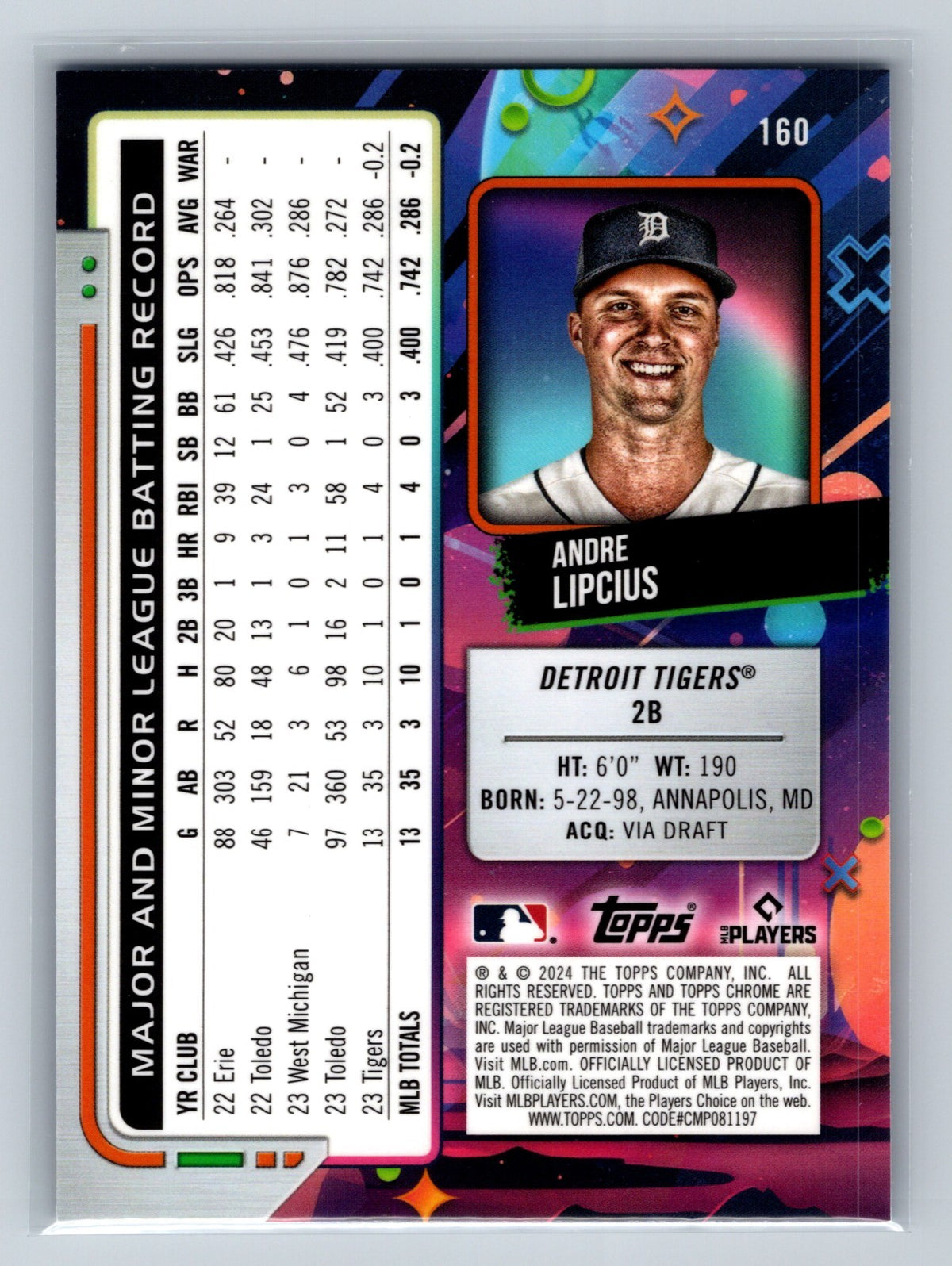 Andre Lipcius 2024 Topps Cosmic Chrome Blue Moon Refractor RC /99 #160 Tigers