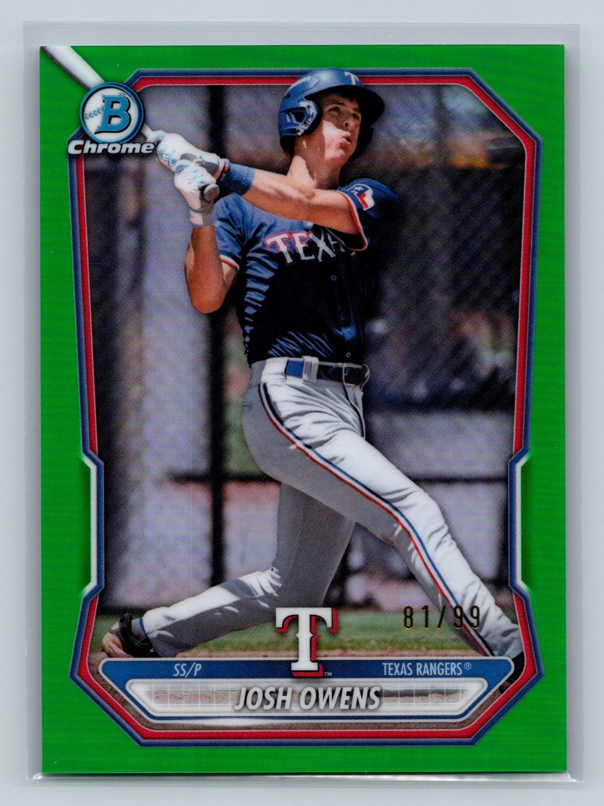 Josh Owens 2026 Bowman Chrome Prospect Green Refractor /99 #BCP-62 Rangers