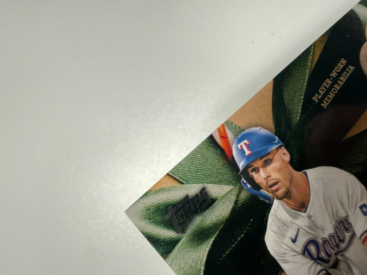 Evan Carter 2024 Topps Holiday Player Worn Auto Relic RC /50 #ARC-EC Rangers