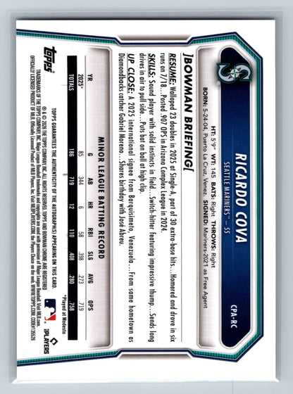Ricardo Cova 2026 Bowman Chrome 1st Auto #CPA-RC Mariners