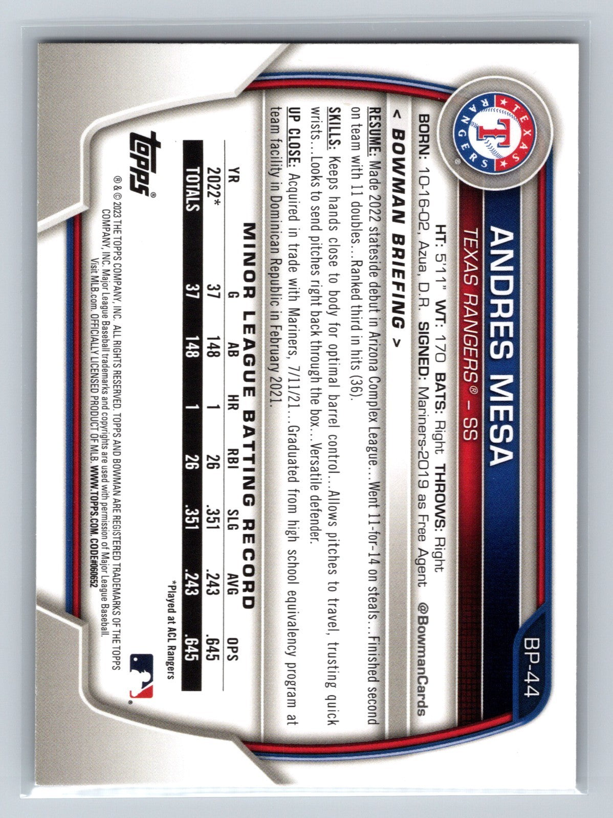 Andres Mesa 2023 Bowman 1st Paper Gold /50 #BP-44 Rangers
