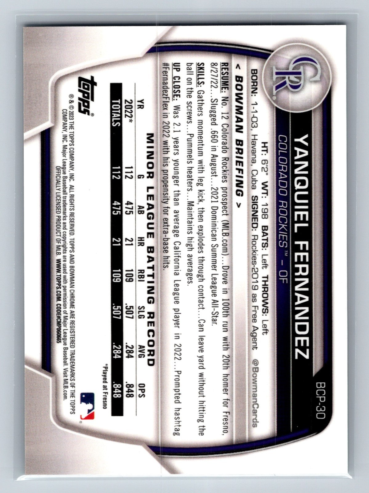 Yanquiel Fernandez 2023 Bowman Chrome Prospect Aqua Lunar Refractor /125 #BCP-30