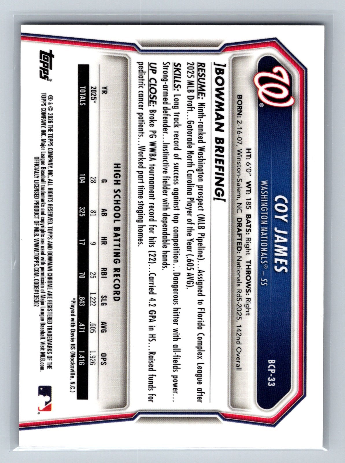 Coy James 2026 Bowman Chrome 1st Reptilian Refractor #BCP-33 Nationals