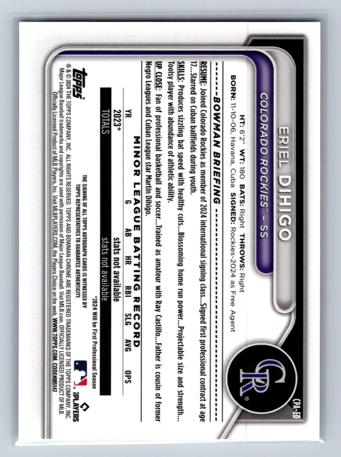 Eriel Dihigo 2024 Bowman Chrome 1st Mini Diamond Refractor Auto /100 #CPA-ED
