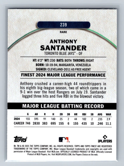 Anthony Santander 2025 Topps Finest Rare Blue Refractor /99 #239 Blue Jays