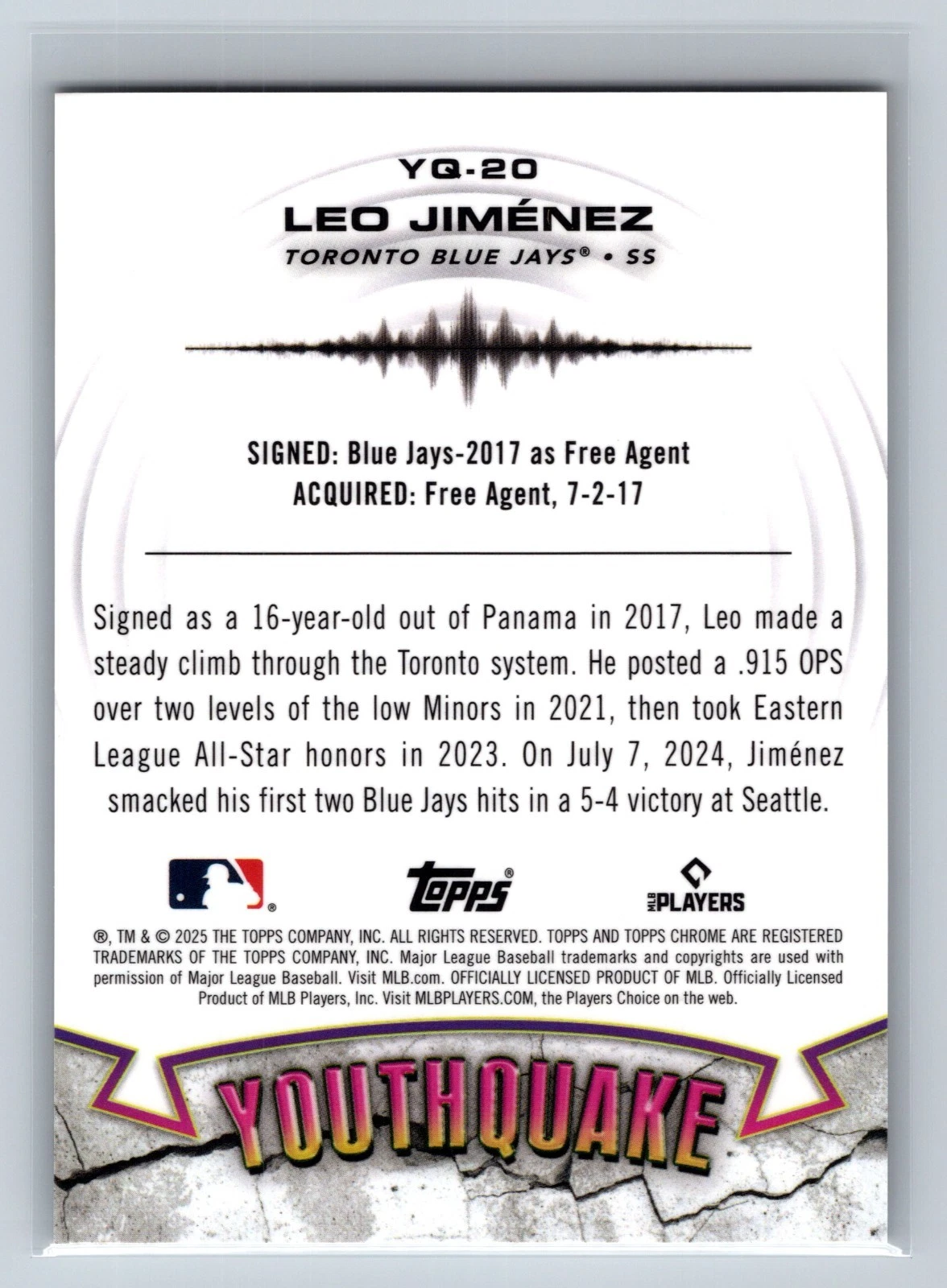 Leo Jimenez 2025 Topps Chrome Youthquake Gold Refractor RC /50 #YQ-20 Blue Jays