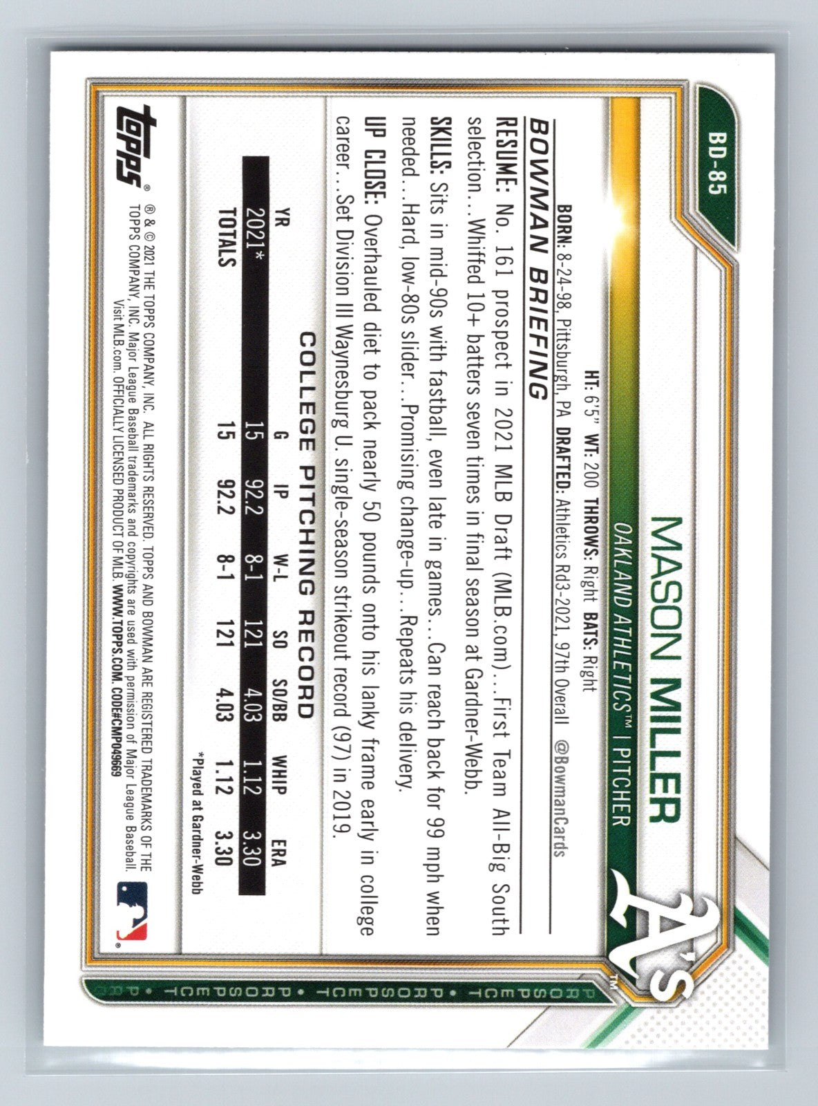 Mason Miller 2021 Bowman Draft 1st Paper #BD-85 Athletics