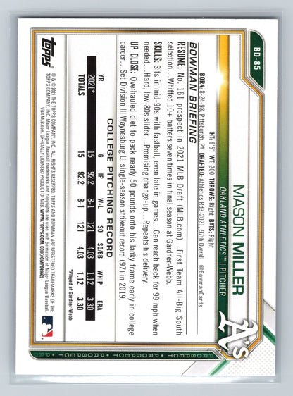 Mason Miller 2021 Bowman Draft 1st Paper #BD-85 Athletics