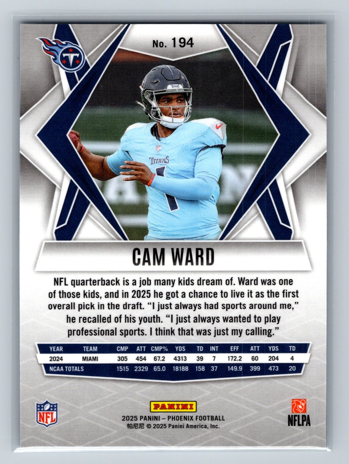 Cam Ward 2025 Panini Phoenix RC #194 Titans
