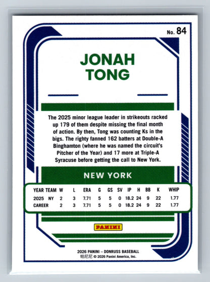 Jonah Tong 2026 Panini Donruss Optic Rated Rookie #84 Mets