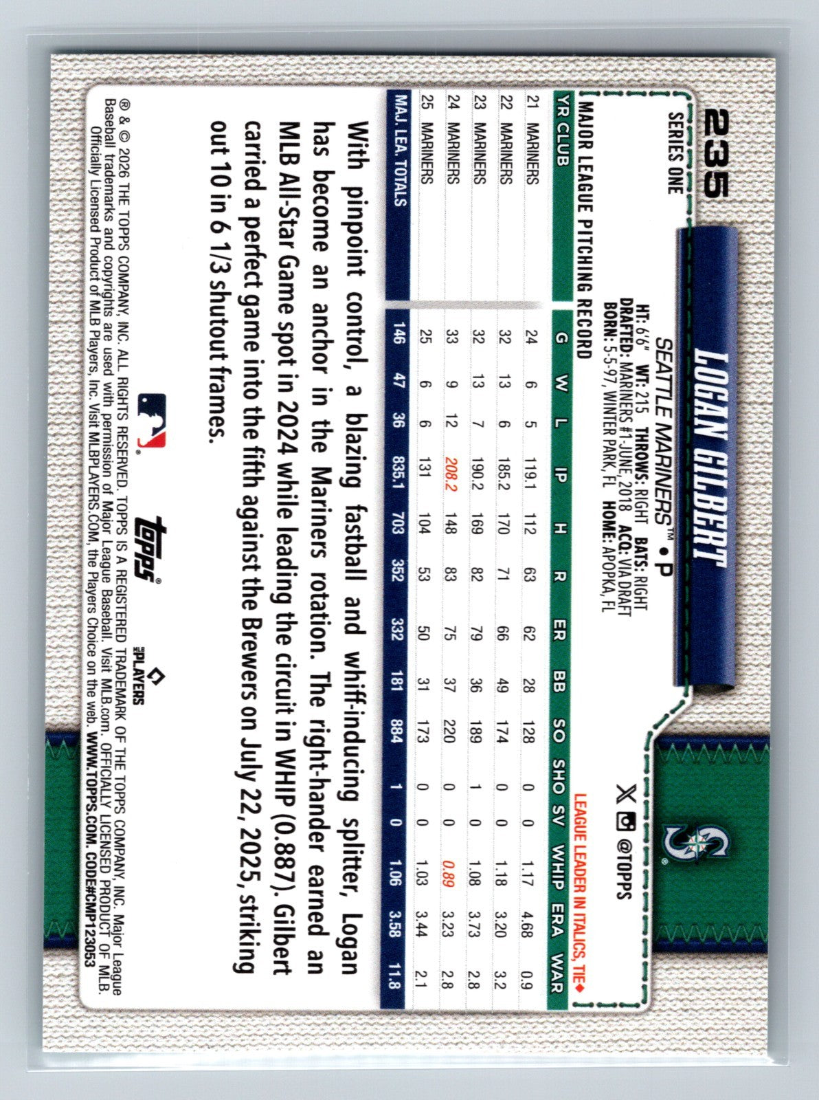 Logan Gilbert 2026 Topps Series 1 Aqua Foil #235 Mariners