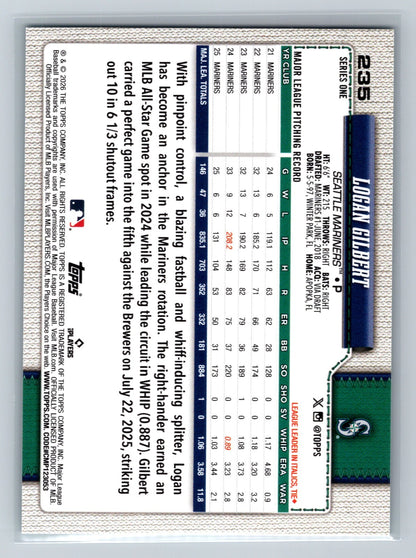 Logan Gilbert 2026 Topps Series 1 Aqua Foil #235 Mariners