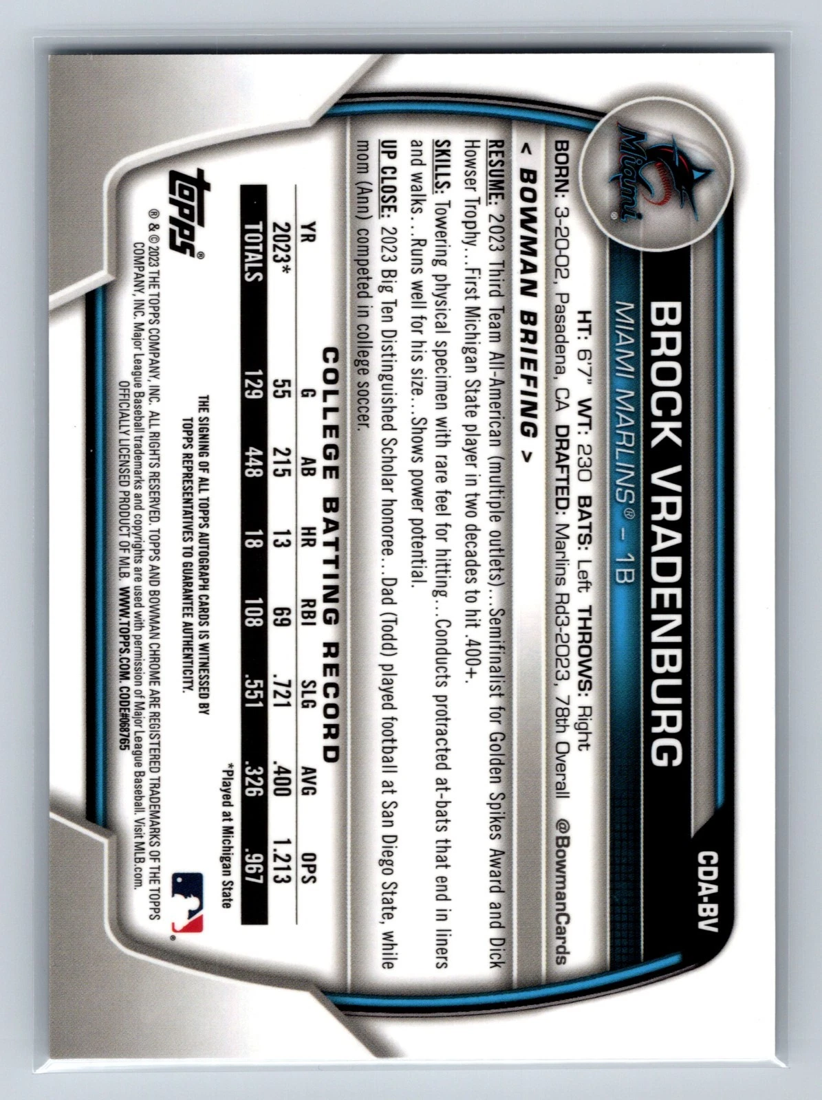 Brock Vradenburg 2023 Bowman Draft Chrome 1st Auto #CDA-BV Marlins