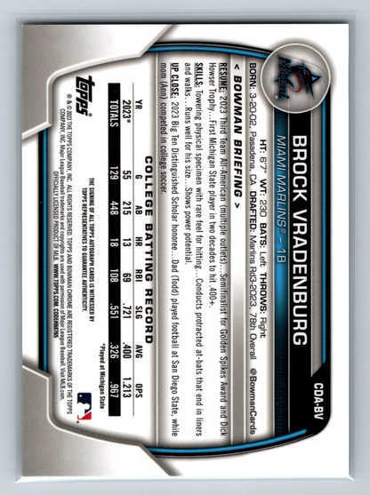 Brock Vradenburg 2023 Bowman Draft Chrome 1st Auto #CDA-BV Marlins