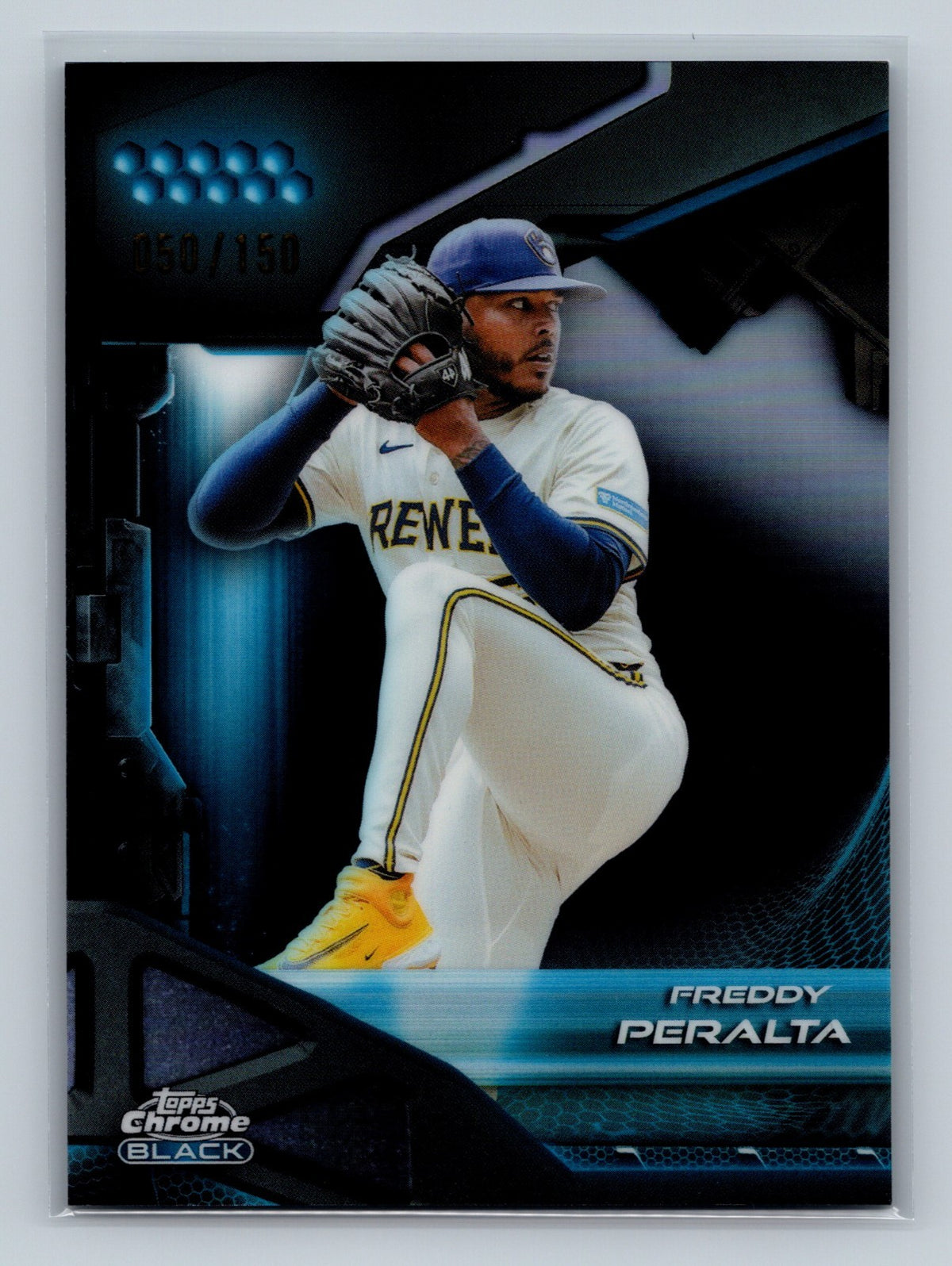 Freddy Peralta 2026 Topps Chrome Black Blue Refractor /150 #154 Brewers