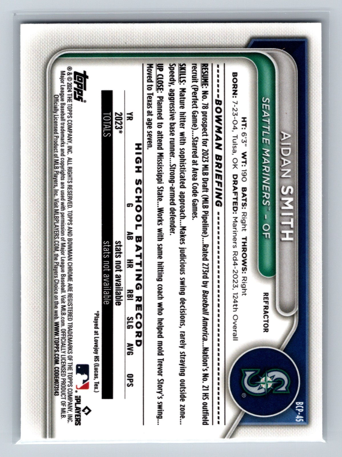 Aidan Smith 2024 Bowman Chrome 1st Refractor /499 #CPA-ASM Mariners