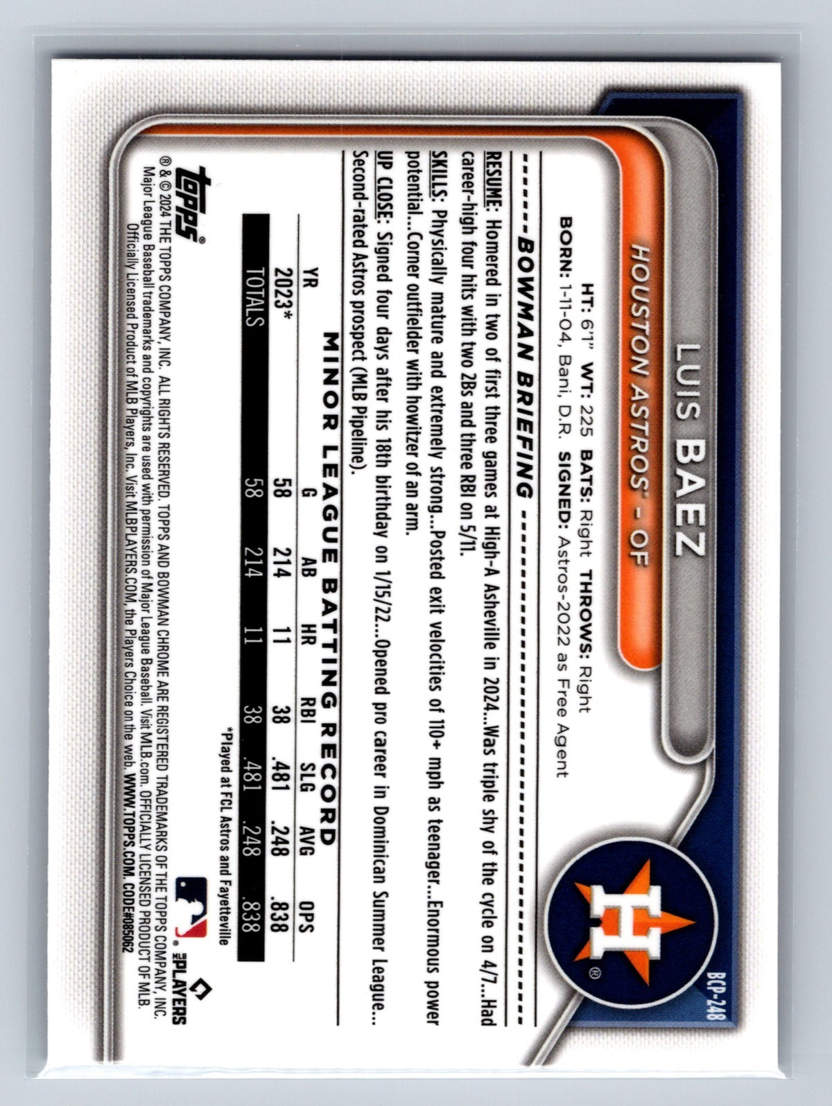 Luis Baez 2024 Bowman Draft Chrome Purple Refractor /250 #BDC-110 Astros
