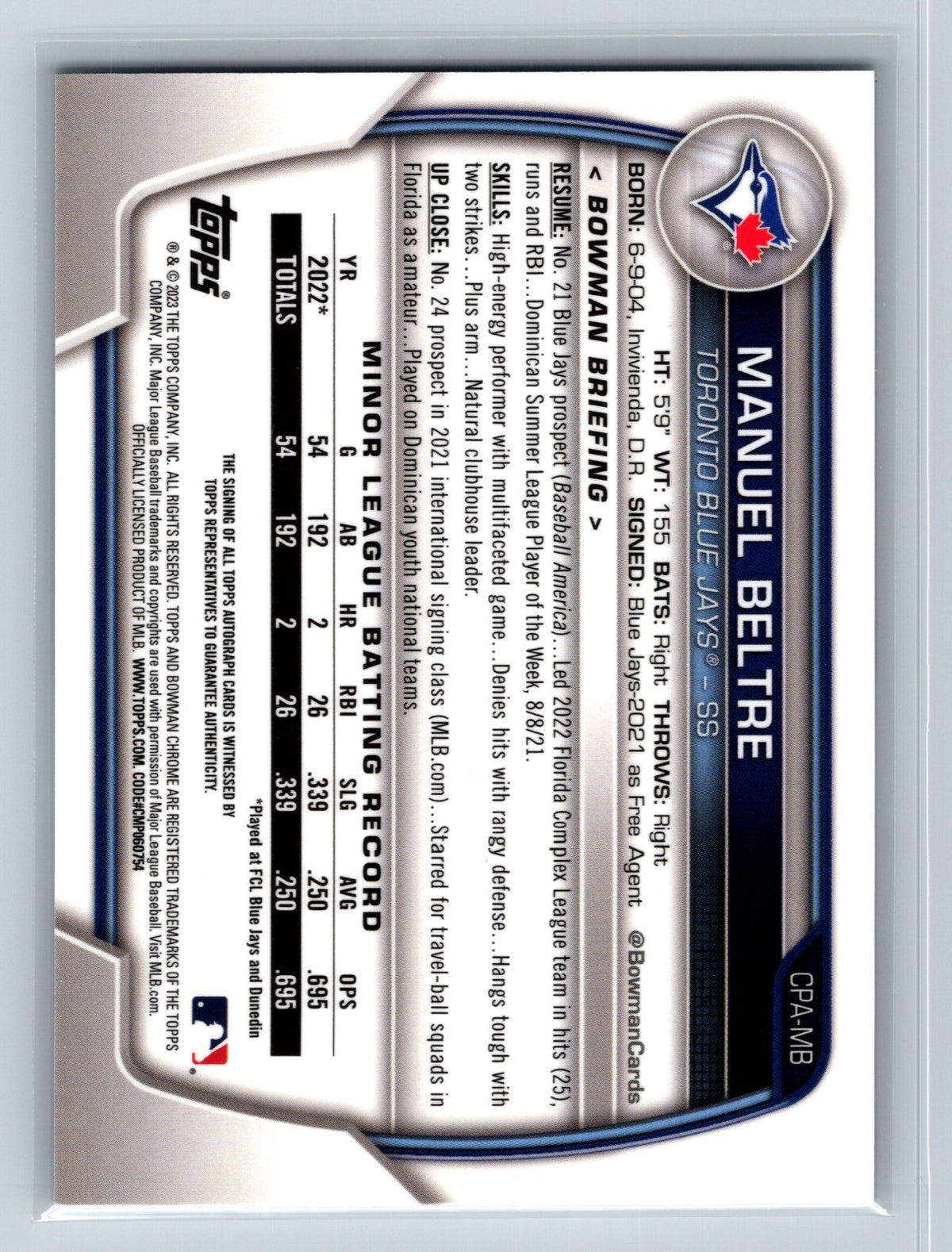 Manuel Beltre 2023 Bowman Chrome 1st Auto #CPA-MB Blue Jays