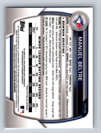 Manuel Beltre 2023 Bowman Chrome 1st Auto #CPA-MB Blue Jays