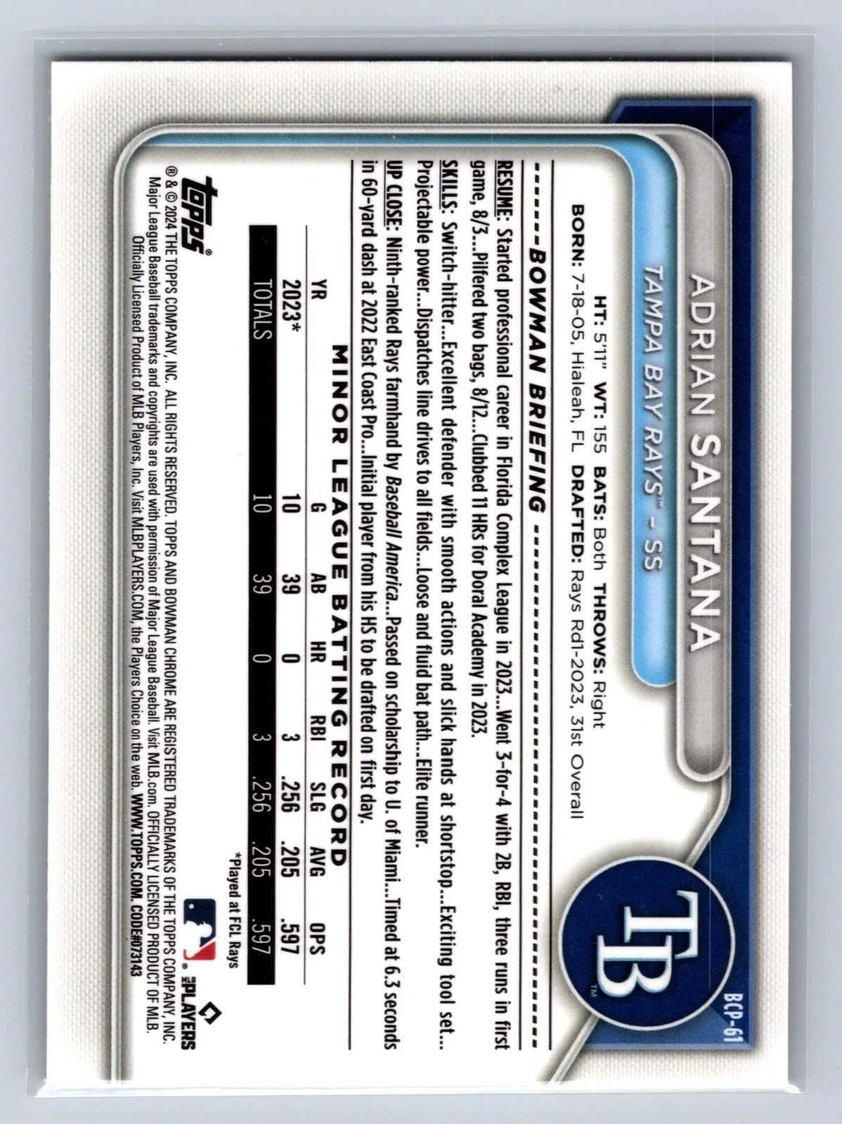 Adrian Santana 2024 Bowman Chrome Prospects Gold Sapphire Refractor /50 #BCP-61