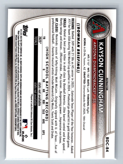 Kayson Cunningham 2025 Bowman Draft Chrome 1st Refractor #BDC-84 Diamondbacks