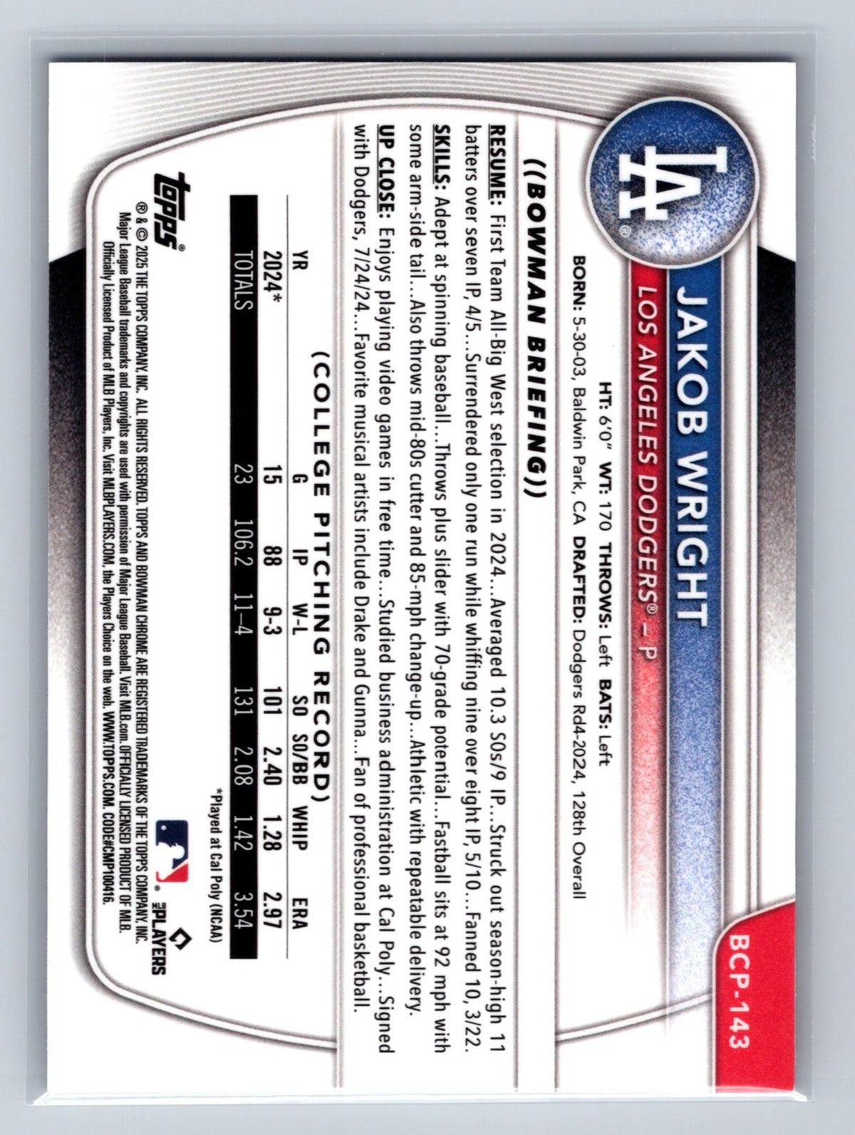 Jakob Wright 2025 Bowman Chrome 1st Purple Geometric Refractor /250 #BCP-143