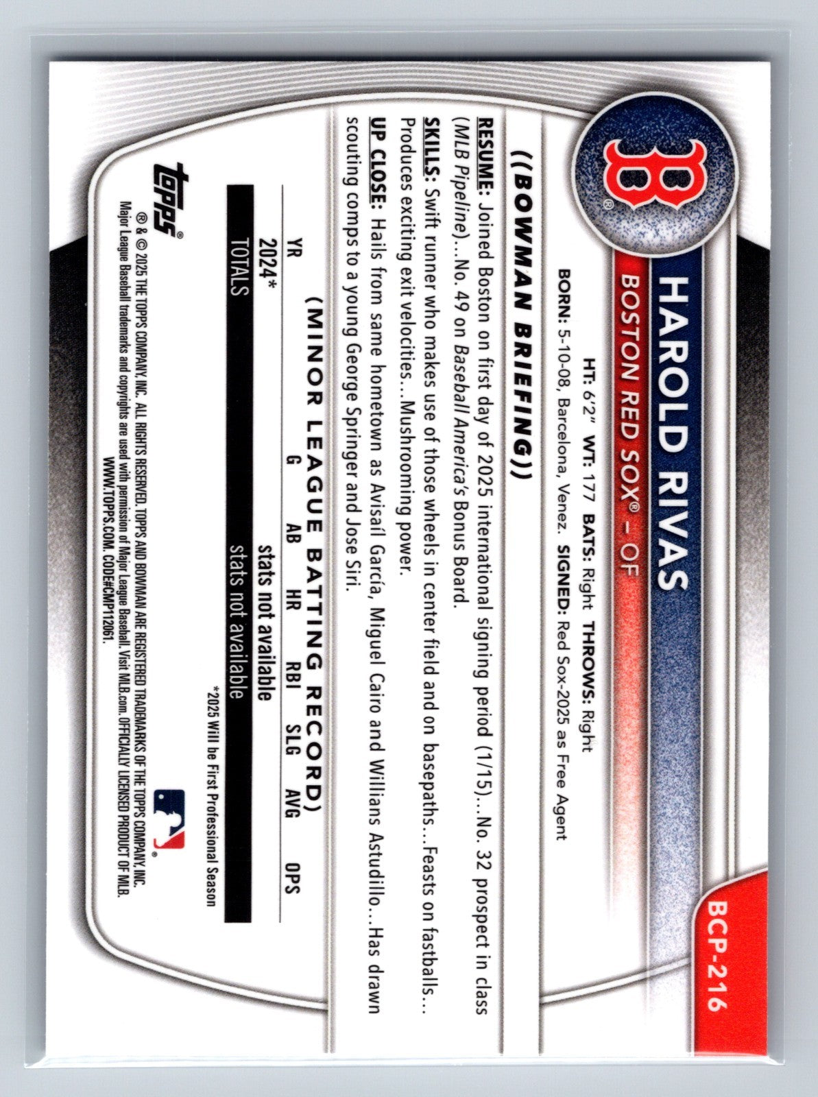 Harold Rivas 2025 Bowman Chrome 1st Purple Wave Refractor /250 #BCP-43 Red Sox