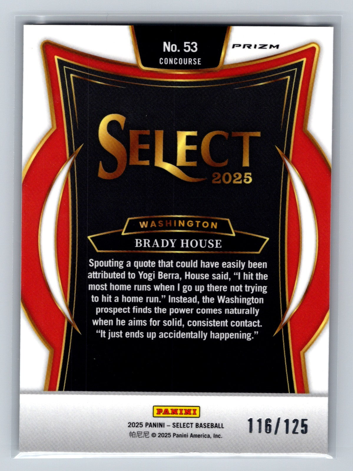 Brady House 2025 Panini Select Concourse Bronze Prizm RC /125 #53 Nationals