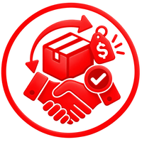A red circular icon featuring a handshake, a shipping box with a price tag, and a checkmark, representing a delivery or payment service.