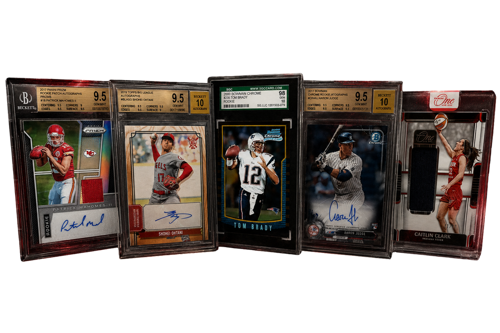 Five graded sports trading cards in black slabbed cases, including football, baseball, and basketball players, displayed against a white background.